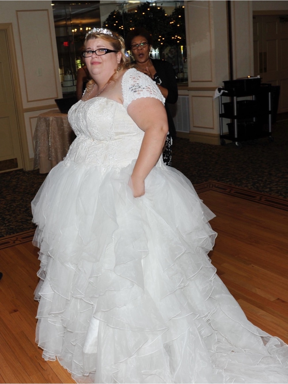 White Ruffled Lace Bridal Ballgown. Shrug Not Included.